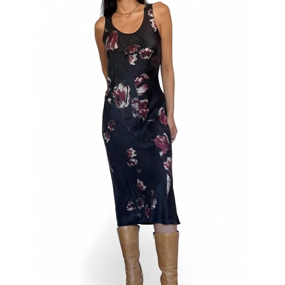 Vince Mixed Tulip Satin Slip Dress 100% Silk Black Floral XS - Picture 1 of 3